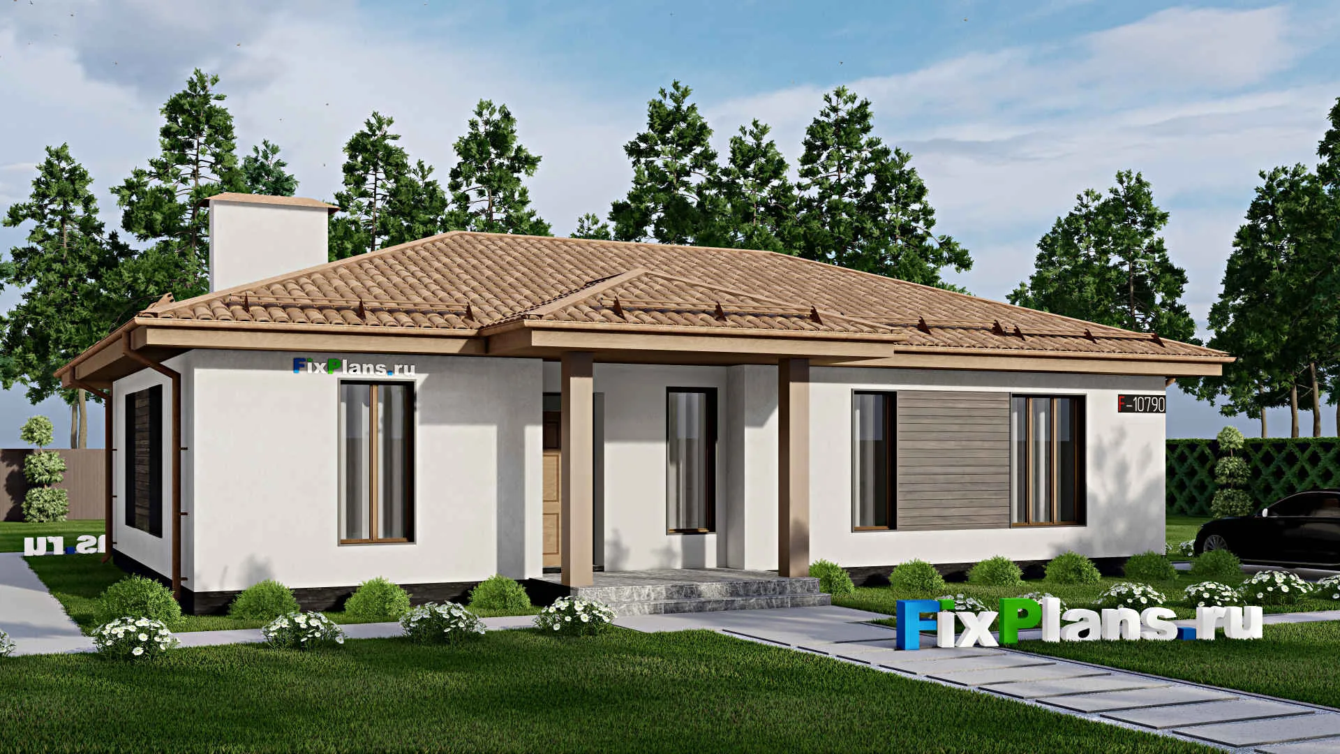 F-10790 - Проект одноэтажного дома 14 на 16, площадью 130 м² с террасой и 3 спальнями