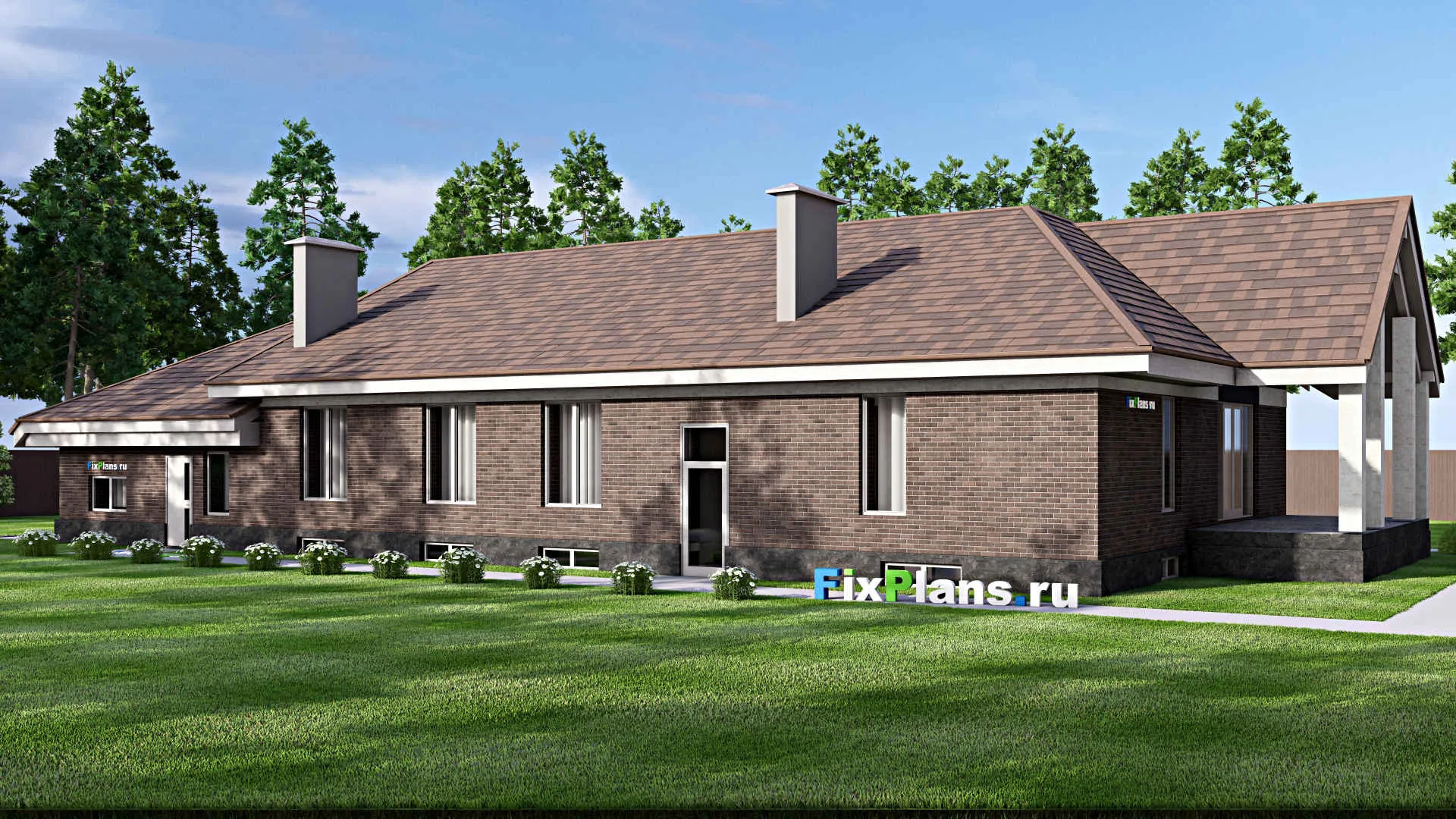 F-14453 - Проект одноэтажного дома 13 на 31, площадью 480 м² с террасой, цокольным этажом, гаражом на 2 машины и 4 спальнями