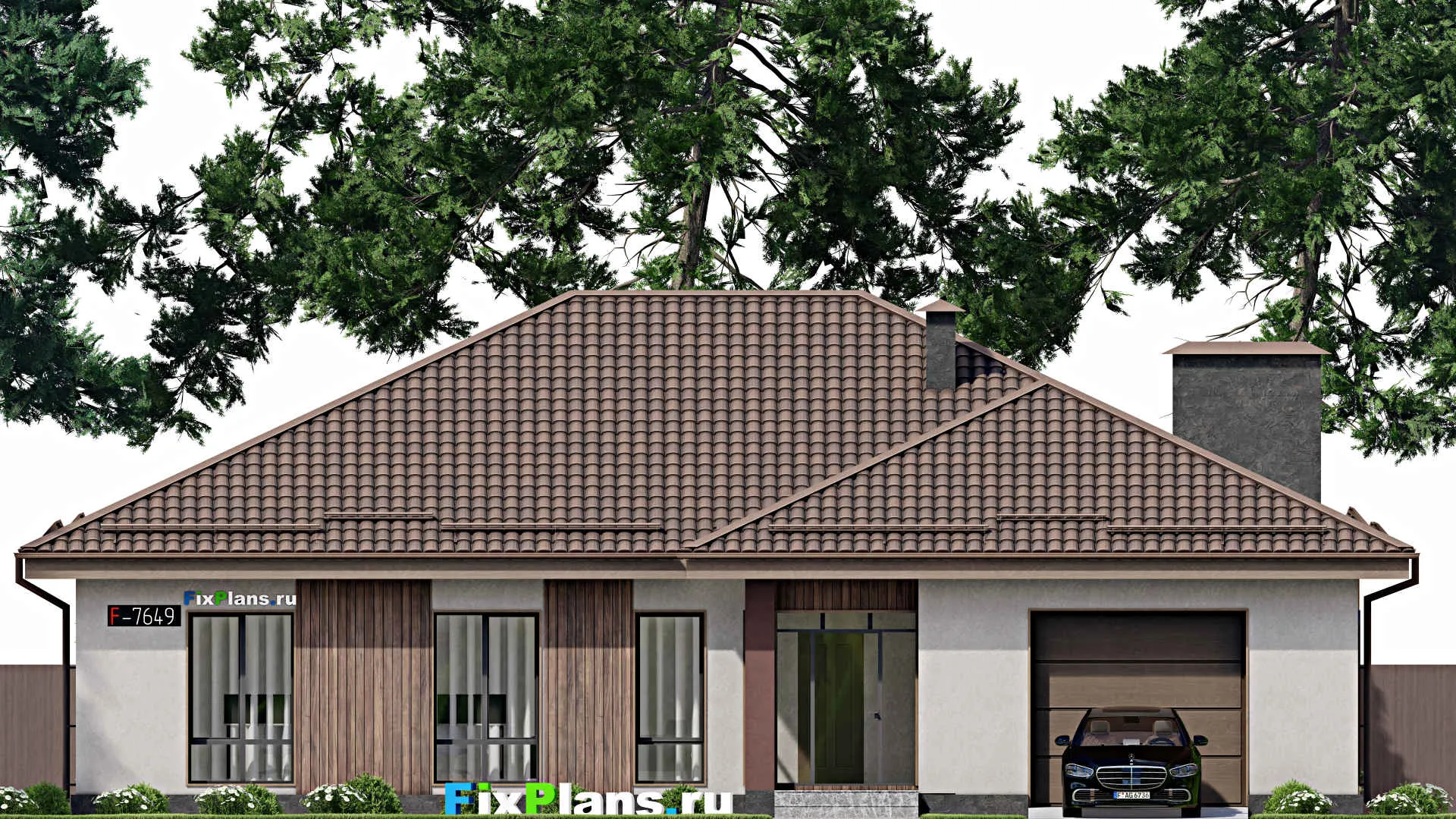 F-7649 - Проект одноэтажного дома 17 на 18, площадью 220 м² с гаражом на 2 машины и 3 спальнями