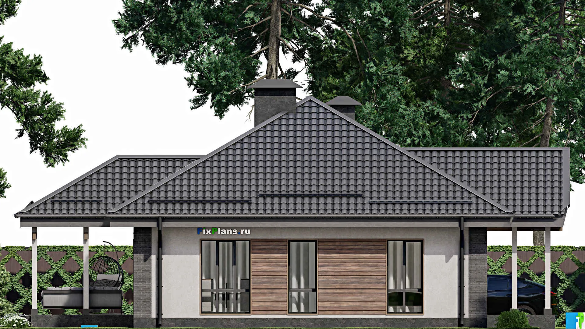 F-5525 - Проект одноэтажного дома 11 на 14, площадью 130 м² с террасой и 3 спальнями