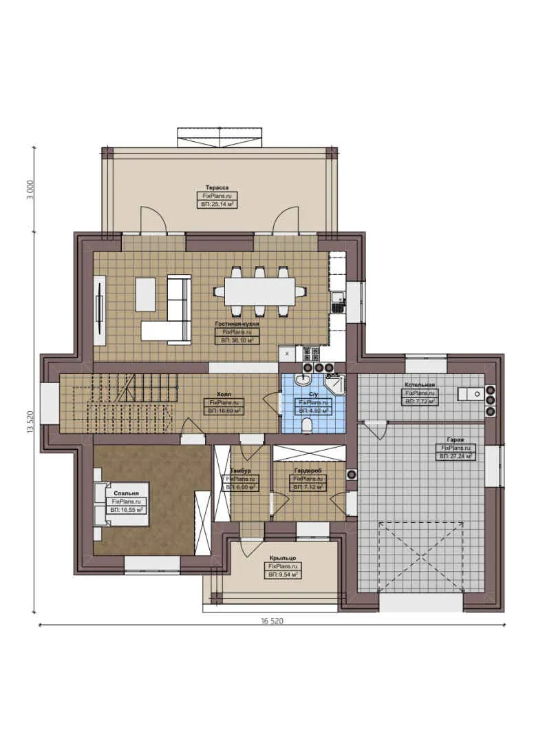 F-3887 - Планы двухэтажного дома 14 на 17, площадью 240 м² с террасой, гаражом на 1 машину и 4 спальнями